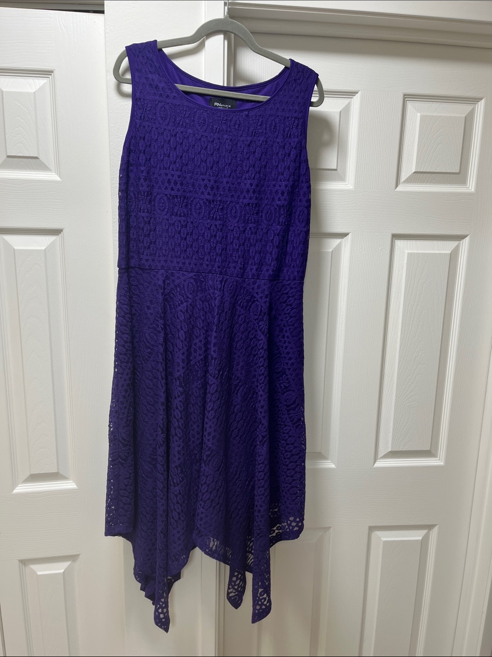Purple Lace Fit & Flare Handkerchief-Hem Dress